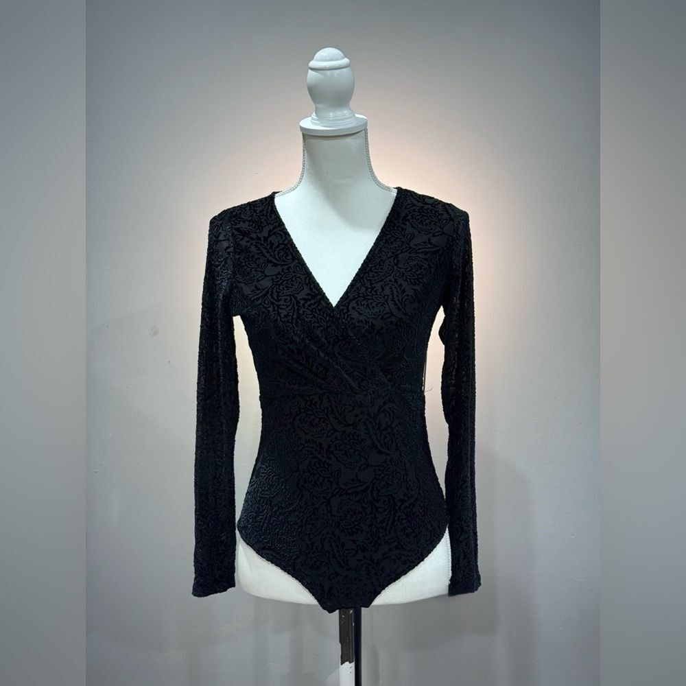 Black Adam Levine Velour Burnout Wrap Top Bodysuit Size L EUC